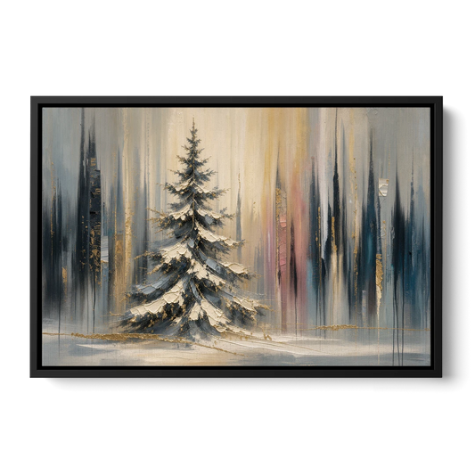 Snowy Forest Painting with Gold Flecks - Black Framed Canvas Wall Art - Front