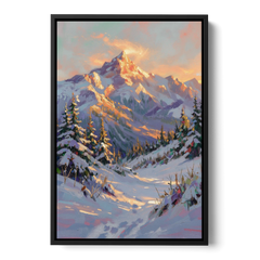 Snowy Mountain Painting at Last Light - Black Framed Canvas Wall Art - Front