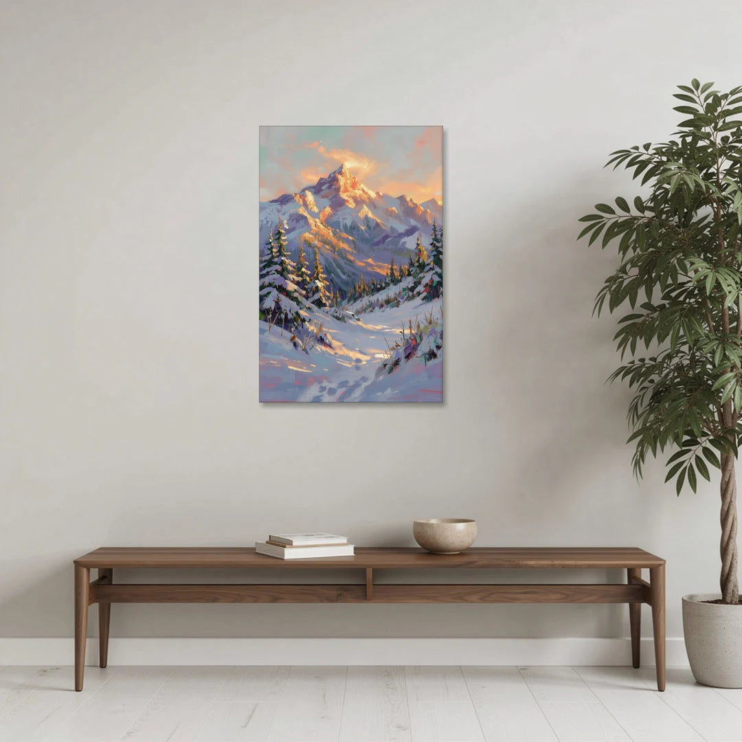 Snowy Mountain Painting at Last Light - Canvas Wall Art - Coffee Table - 24x36