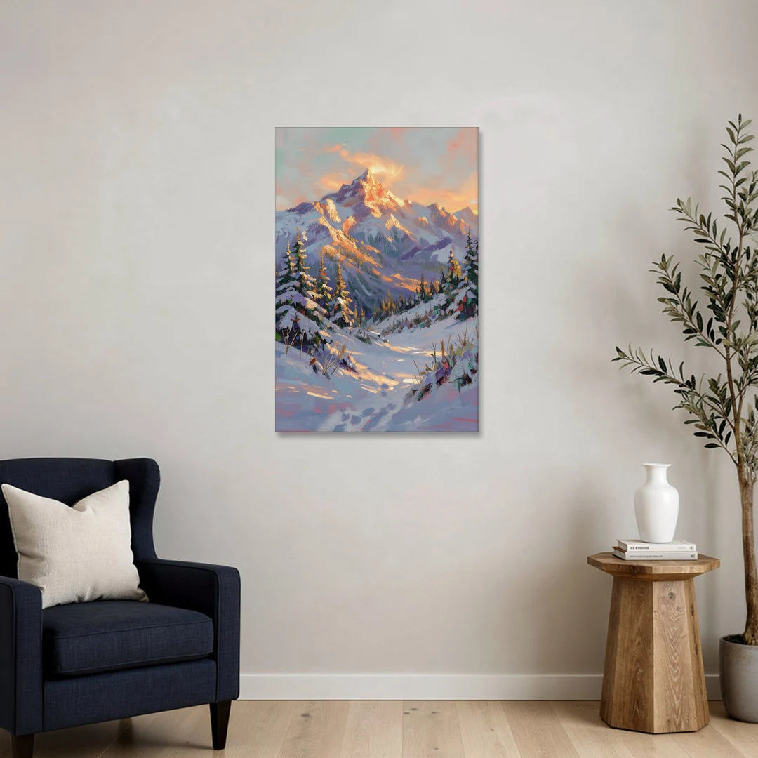 Snowy Mountain Painting at Last Light - Canvas Wall Art - Sofa - 24x36