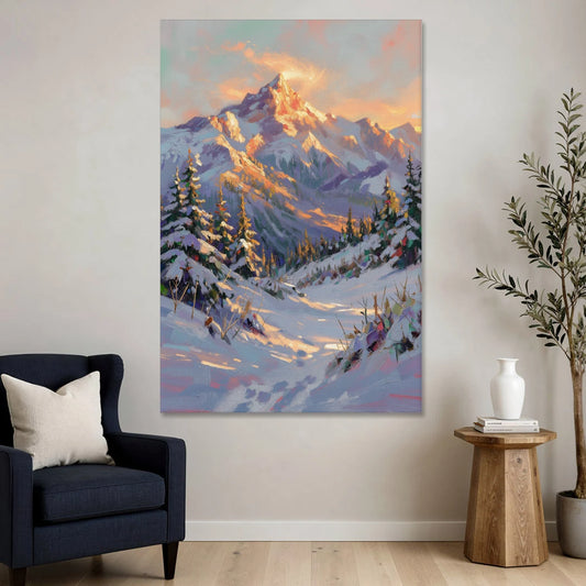 Snowy Mountain Painting at Last Light - Canvas Wall Art - Sofa - 40x60