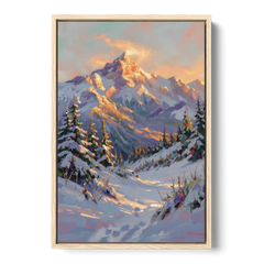 Snowy Mountain Painting at Last Light - Oak Framed Canvas Wall Art - Front
