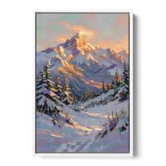 Snowy Mountain Painting at Last Light - White Framed Canvas Wall Art - Front
