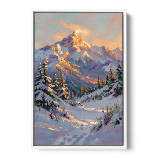 Snowy Mountain Painting at Last Light - White Framed Canvas Wall Art - Front
