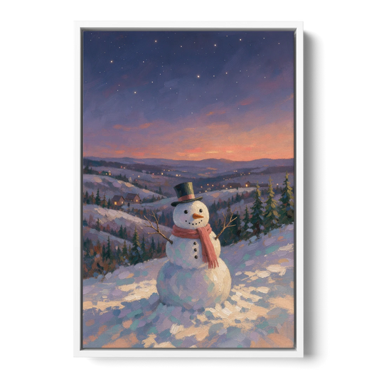 Snowy Night Painting with a Hilltop Snowman - White Framed Canvas Wall Art - Front