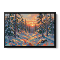 Snowy Pine Forest at Sunrise - Black Framed Canvas Wall Art - Front