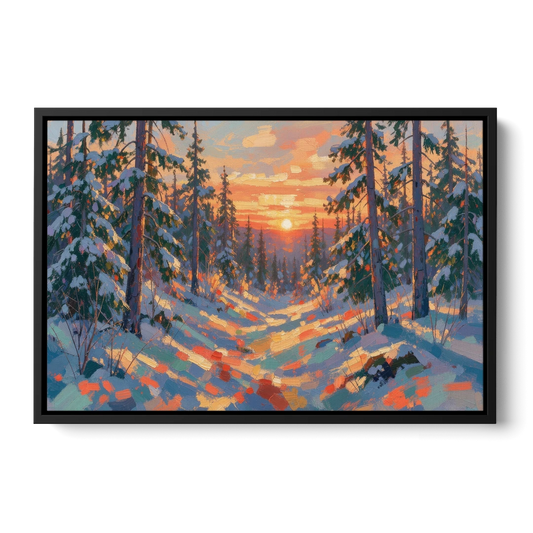Snowy Pine Forest at Sunrise - Black Framed Canvas Wall Art - Front