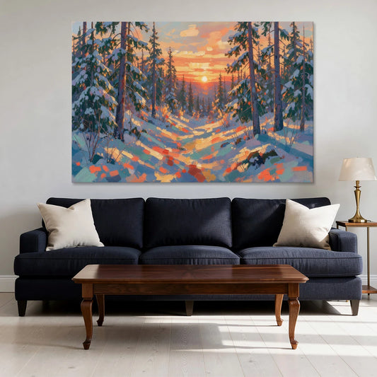 Snowy Pine Forest at Sunrise - Canvas Wall Art - Sofa - 60x40