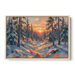 Snowy Pine Forest at Sunrise - Oak Framed Canvas Wall Art - Front