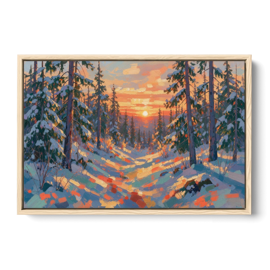 Snowy Pine Forest at Sunrise - Oak Framed Canvas Wall Art - Front