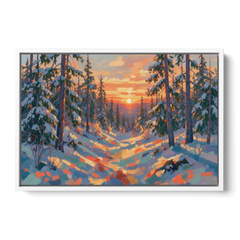 Snowy Pine Forest at Sunrise - White Framed Canvas Wall Art - Front