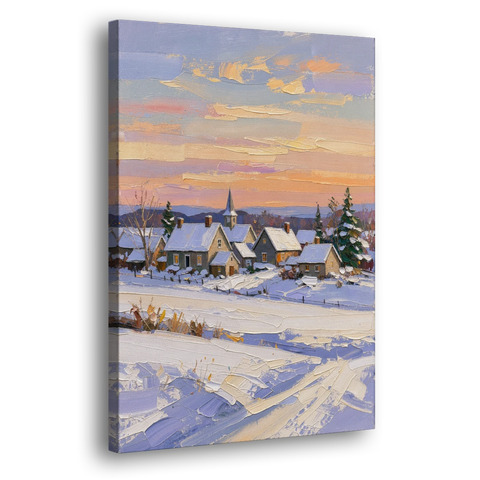 Snowy Village and Steeple at Dawn - Canvas Wall Art - Side