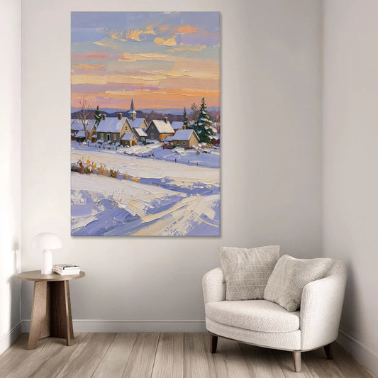Snowy Village and Steeple at Dawn - Canvas Wall Art - Sofa - 40x60
