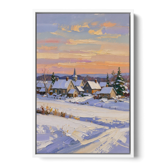 Snowy Village and Steeple at Dawn - White Framed Canvas Wall Art - Front