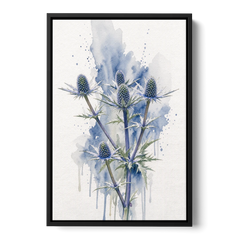Soft Blue Wall Art of Sea Holly Thistles - Black Framed Canvas Wall Art - Front