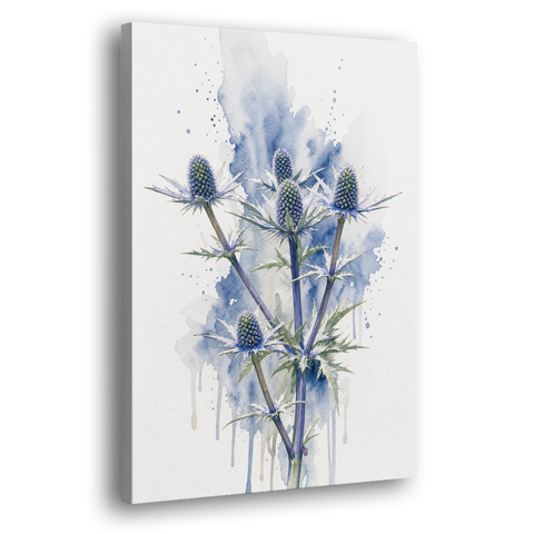 Soft Blue Wall Art of Sea Holly Thistles - Canvas Wall Art - Side