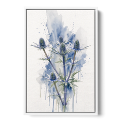 Soft Blue Wall Art of Sea Holly Thistles - White Framed Canvas Wall Art - Front