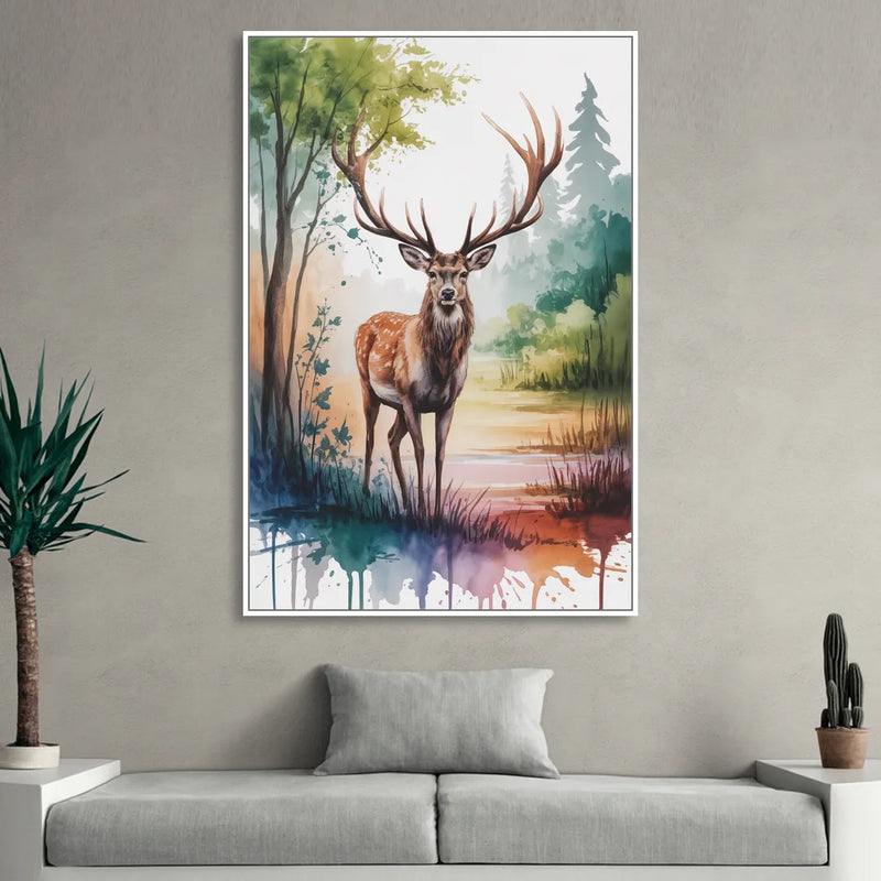 Soft Watercolor Deer Living Room - White Canvas Wall Art