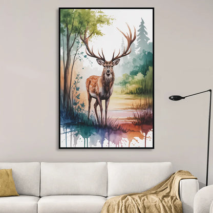 Soft Watercolor Deer Living Room - Black Canvas Wall Art
