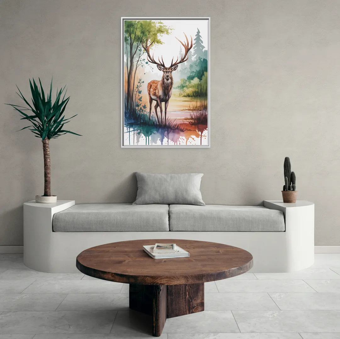 Soft Watercolor Deer - Living Room White Frame Canvas