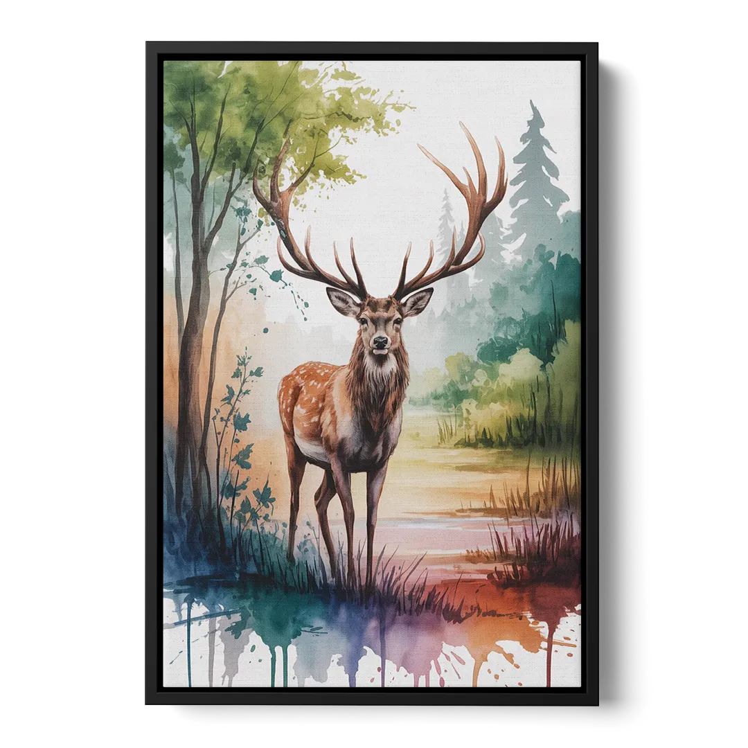 Soft Watercolor Deer - Black Frame Canvas
