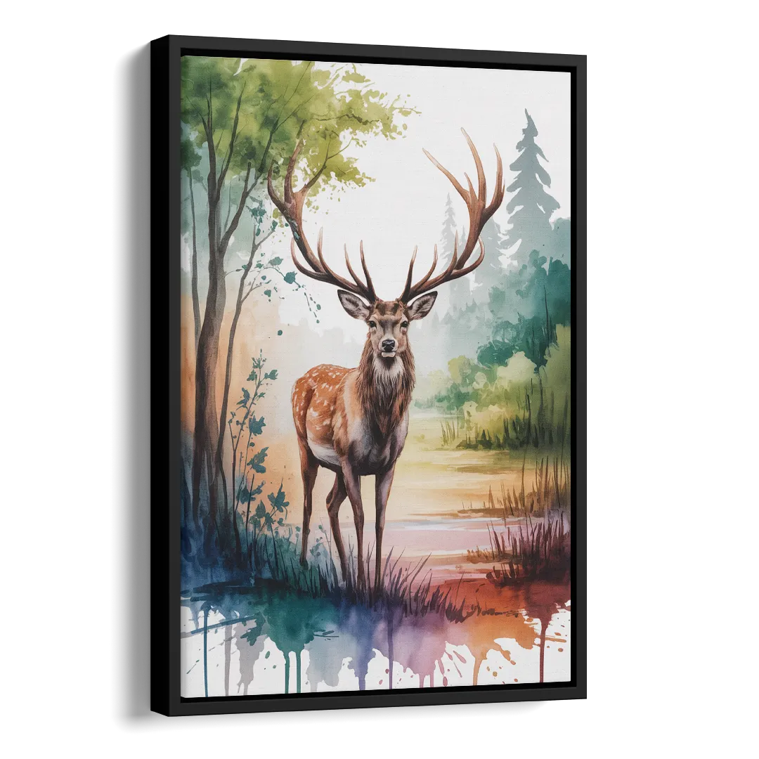 Soft Watercolor Deer Side - Black Canvas Wall Art