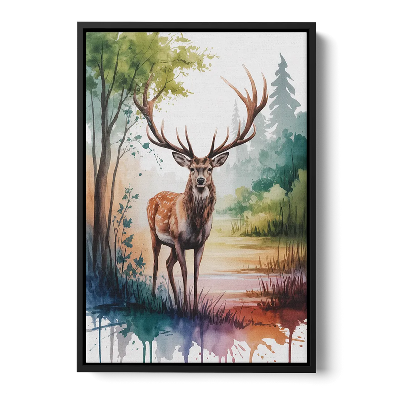 Soft Watercolor Deer Front - Black Canvas Wall Art