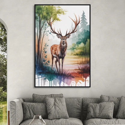 Soft Watercolor Deer Sitting Room - Black Canvas Wall Art