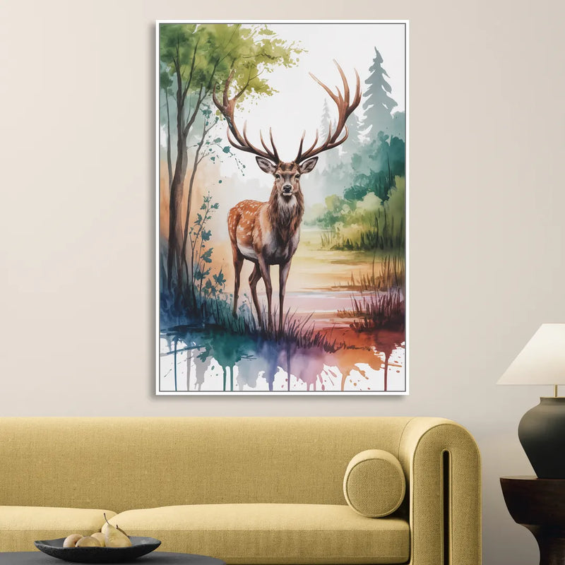 Soft Watercolor Deer Sitting Room - White Canvas Wall Art