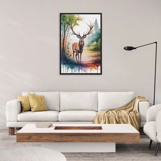 Soft Watercolor Deer - Living Room Black Frame Canvas