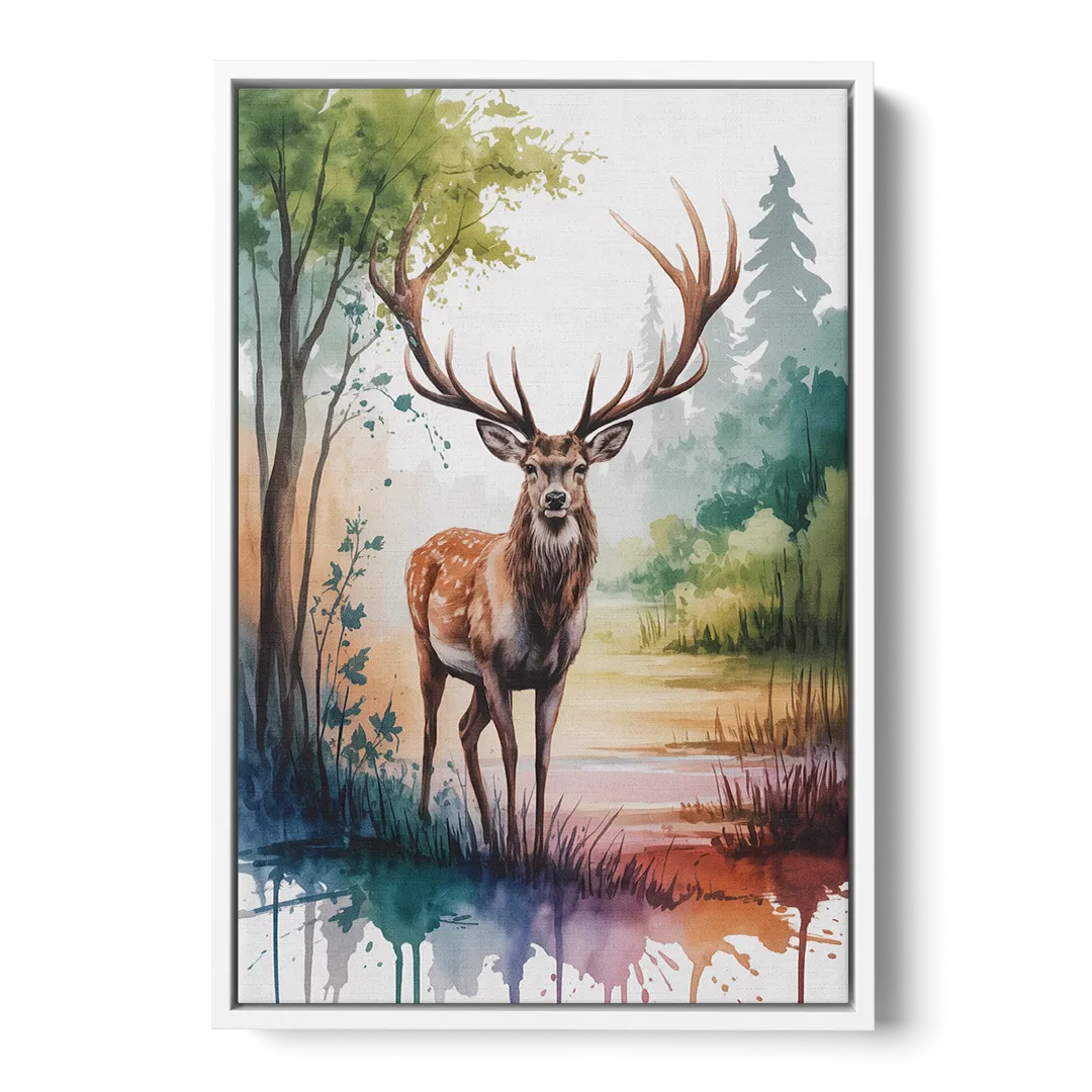Soft Watercolor Deer - White Frame Canvas