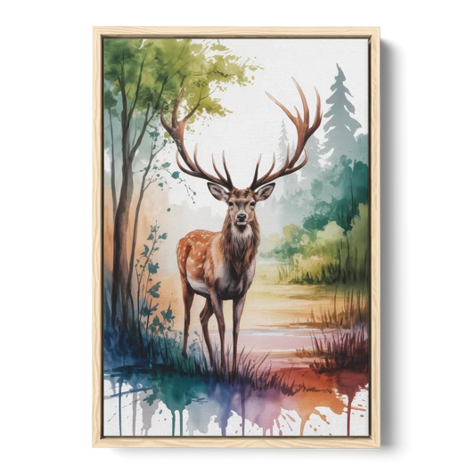 Soft Watercolor Deer - Oak Framed Canvas Wall Art - Front