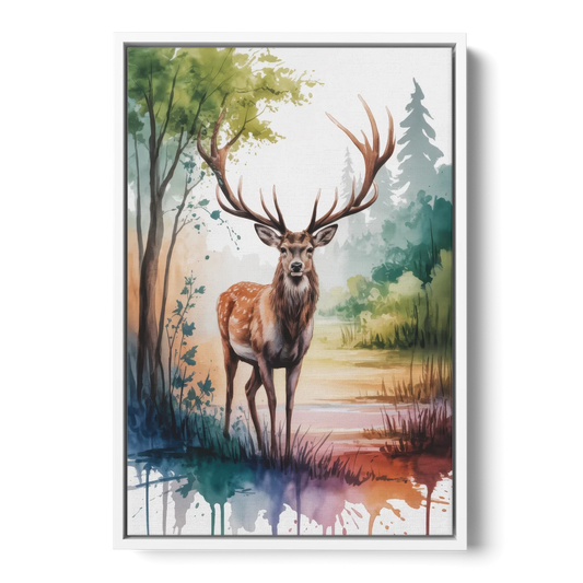 Soft Watercolor Deer - White Framed Canvas Wall Art - Front