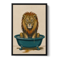 Soggy Lion in a Clawfoot Tub - Black Framed Canvas Wall Art - Front