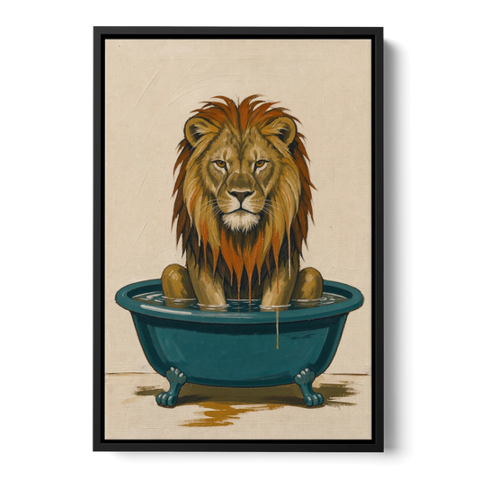 Soggy Lion in a Clawfoot Tub - Black Framed Canvas Wall Art - Front
