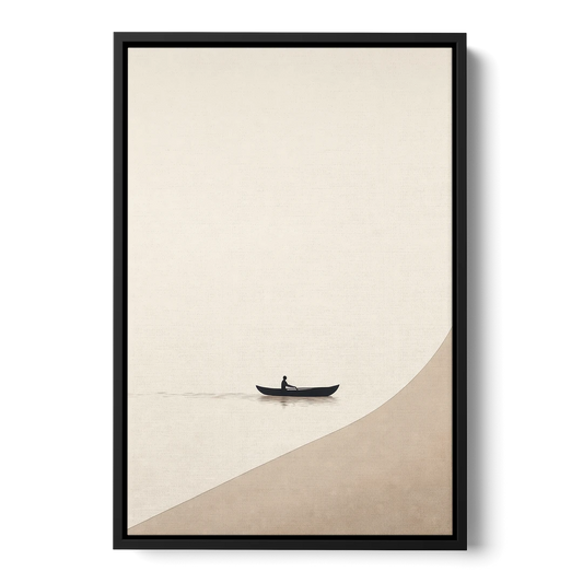 Solitude Painting of a Lone Rower at Dawn - Black Framed Canvas Wall Art - Front
