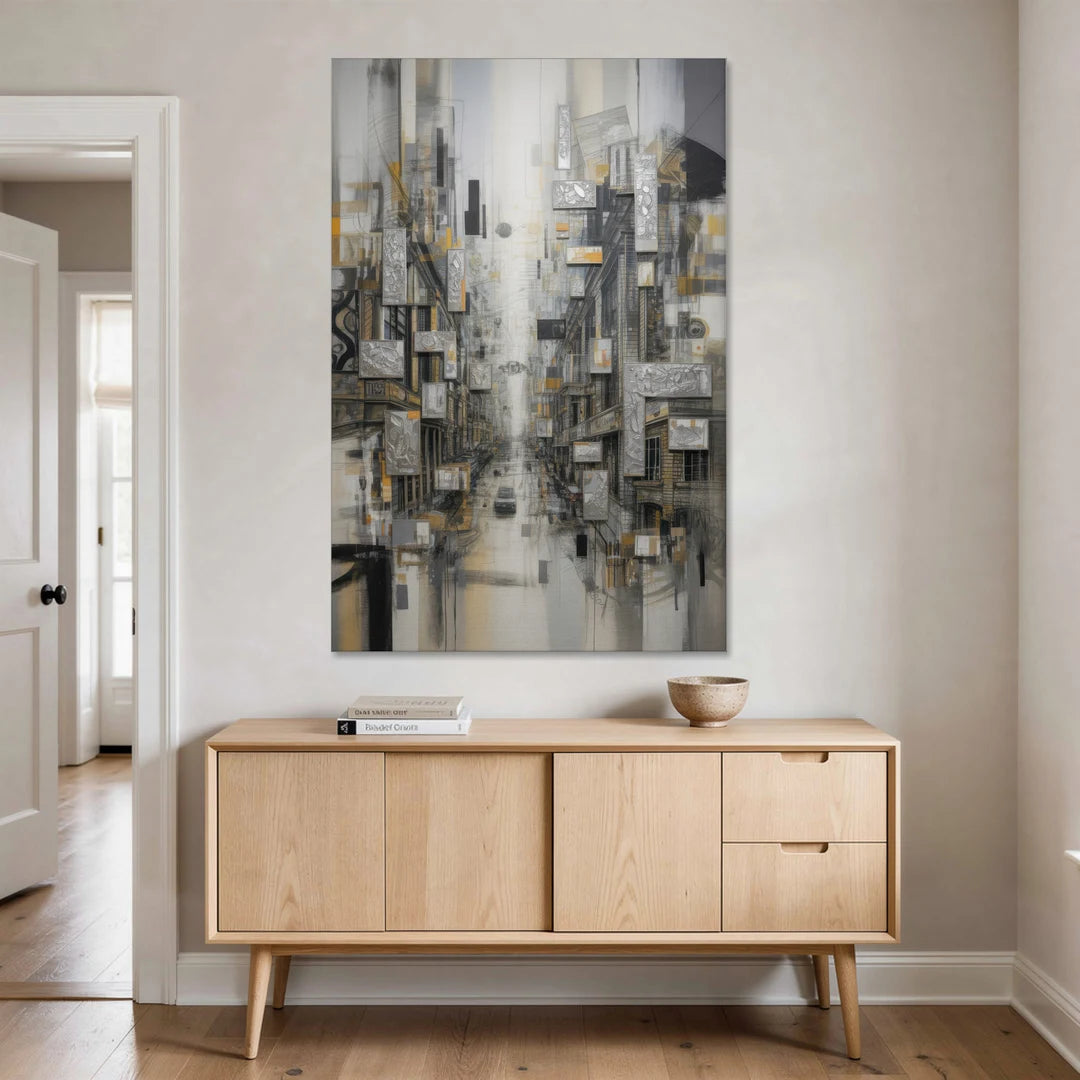 Sophisticated Cityscape Grey and Silver Abstract - Canvas Wall Art - Coffee Table - 40x60