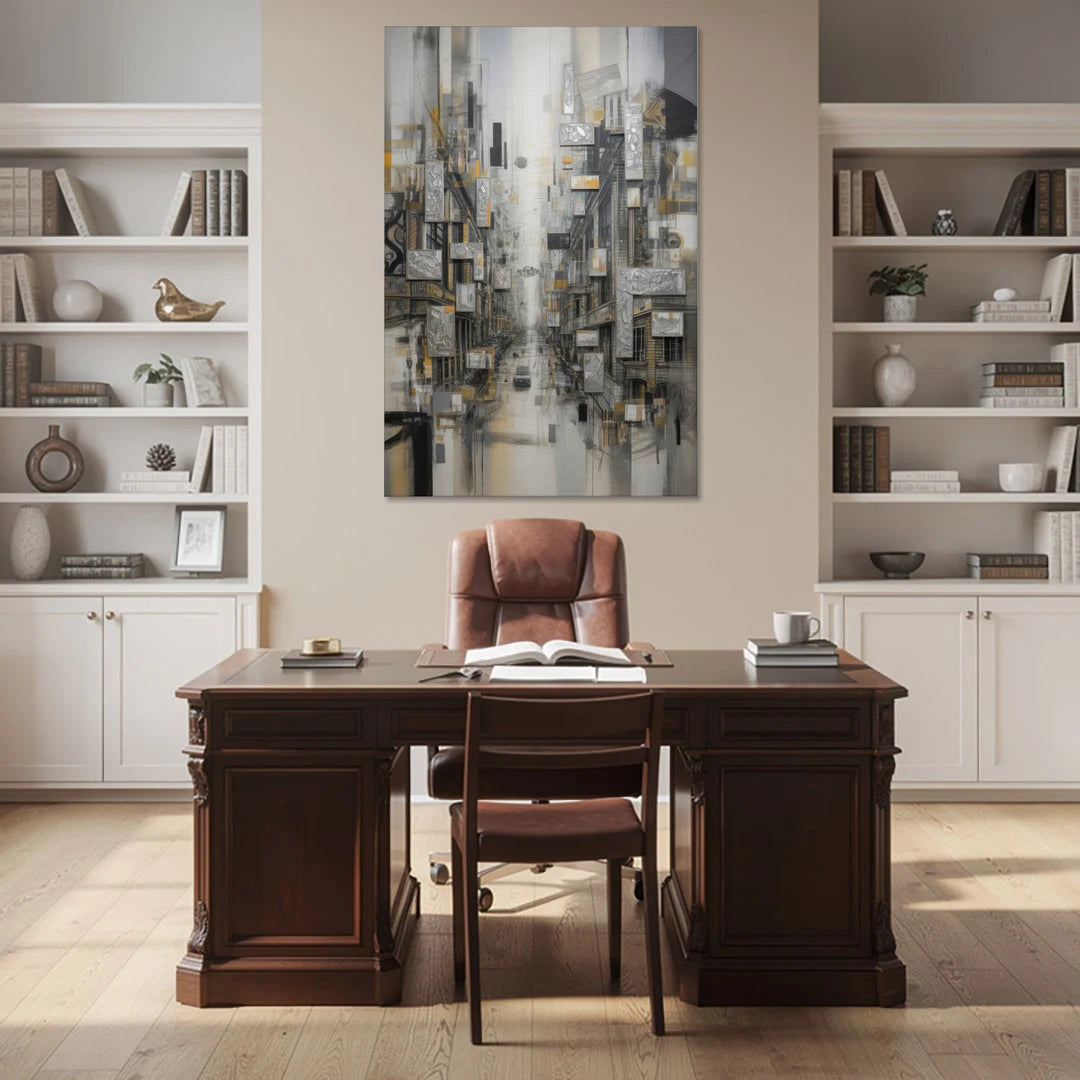 Sophisticated Cityscape Grey and Silver Abstract - Canvas Wall Art - Office - 40x60