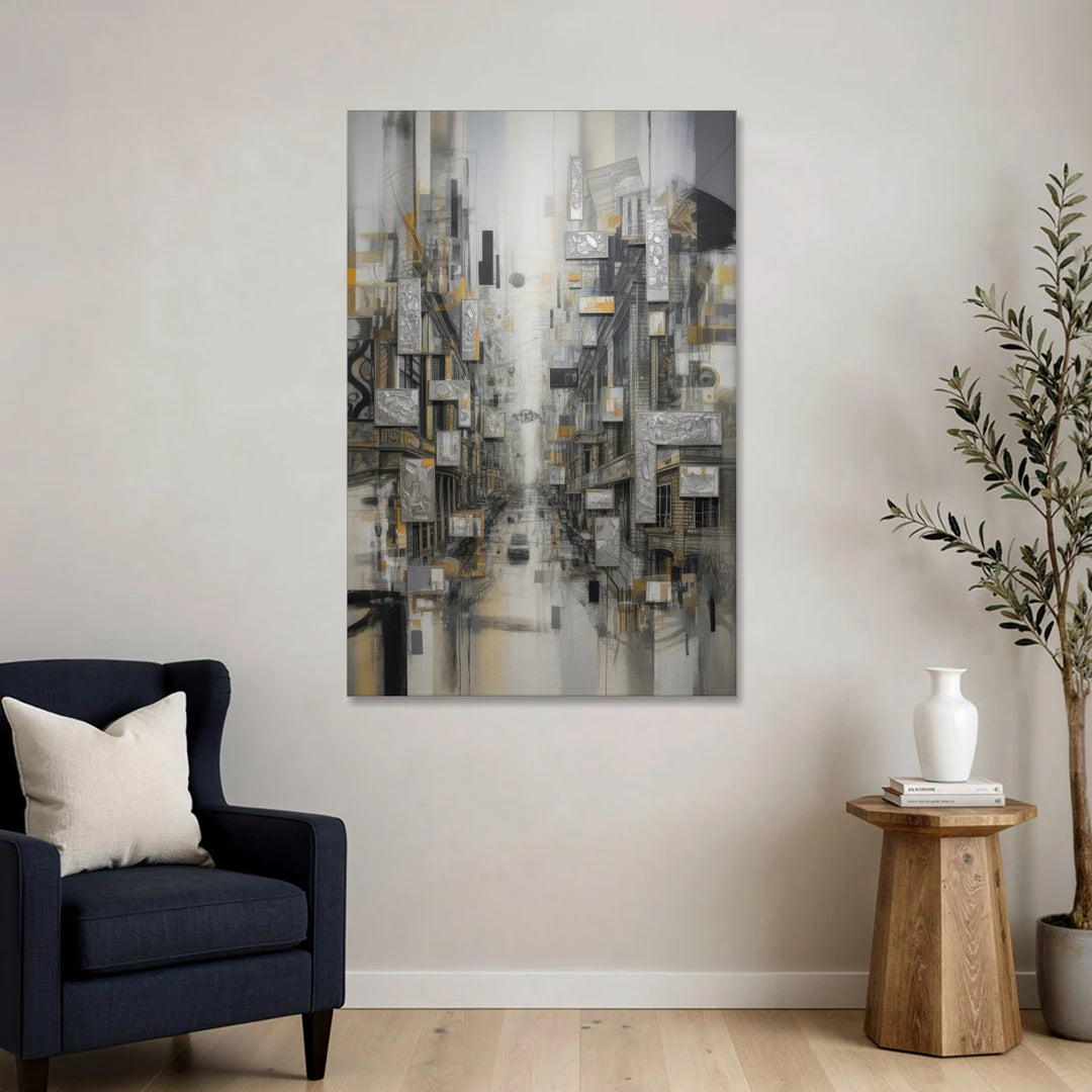 Sophisticated Cityscape Grey and Silver Abstract - Canvas Wall Art - Sofa - 32x48