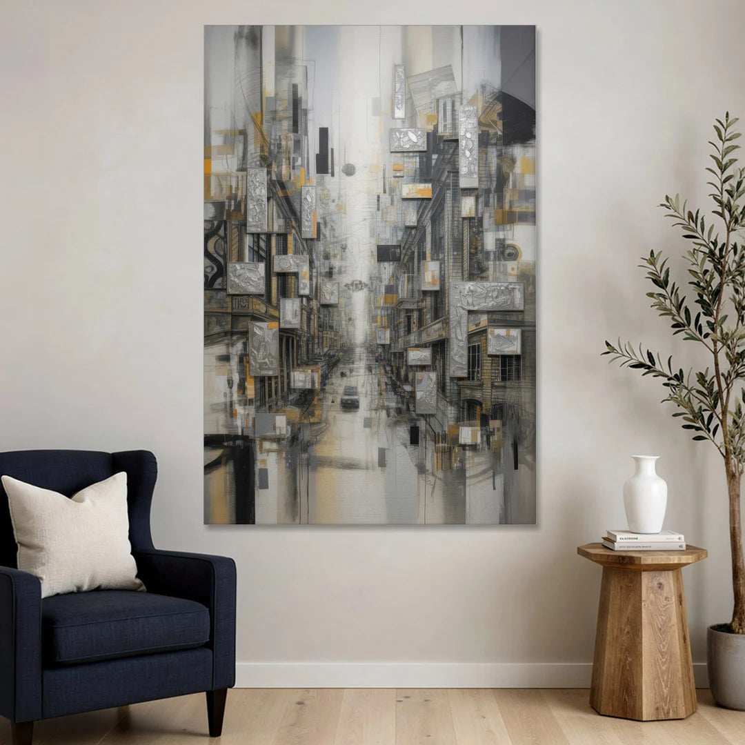 Sophisticated Cityscape Grey and Silver Abstract - Canvas Wall Art - Sofa - 40x60