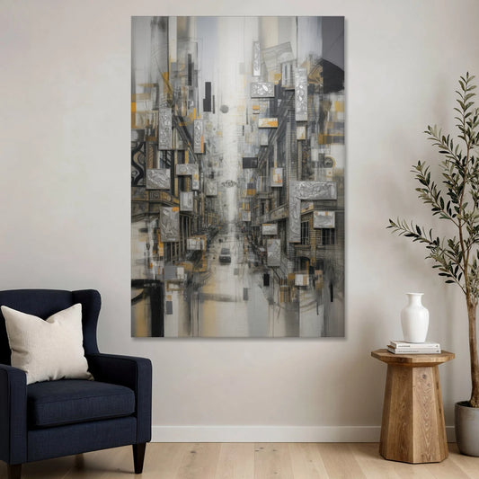 Sophisticated Cityscape Grey and Silver Abstract - Canvas Wall Art - Sofa - 40x60