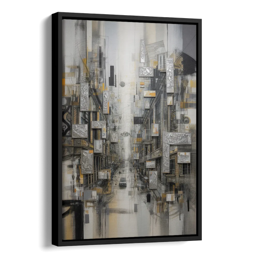 Sophisticated Cityscape Grey and Silver Abstract Side - Black Canvas Wall Art