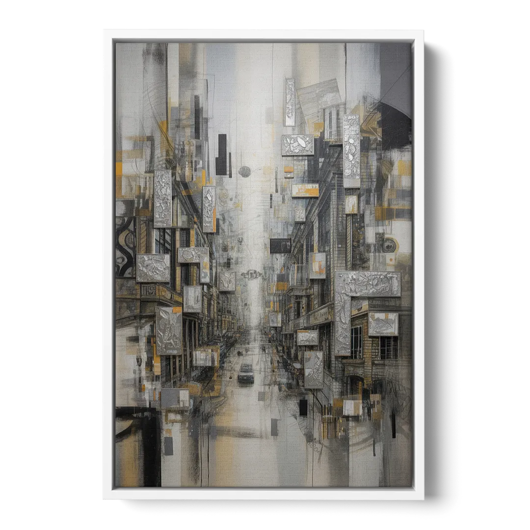 Sophisticated Cityscape Grey and Silver Abstract - White Frame Canvas