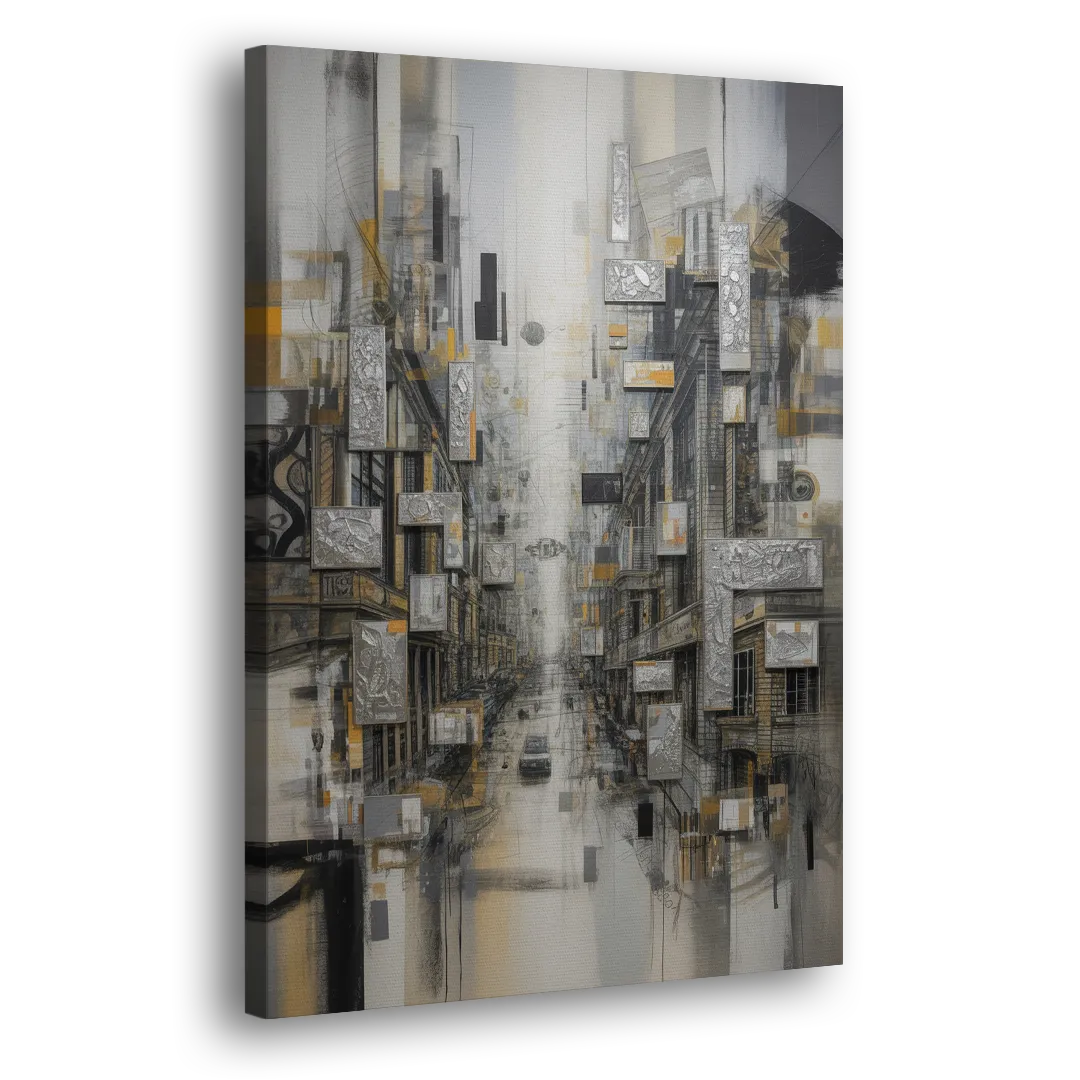 Sophisticated Cityscape Grey and Silver Abstract Side - Canvas Wall Art