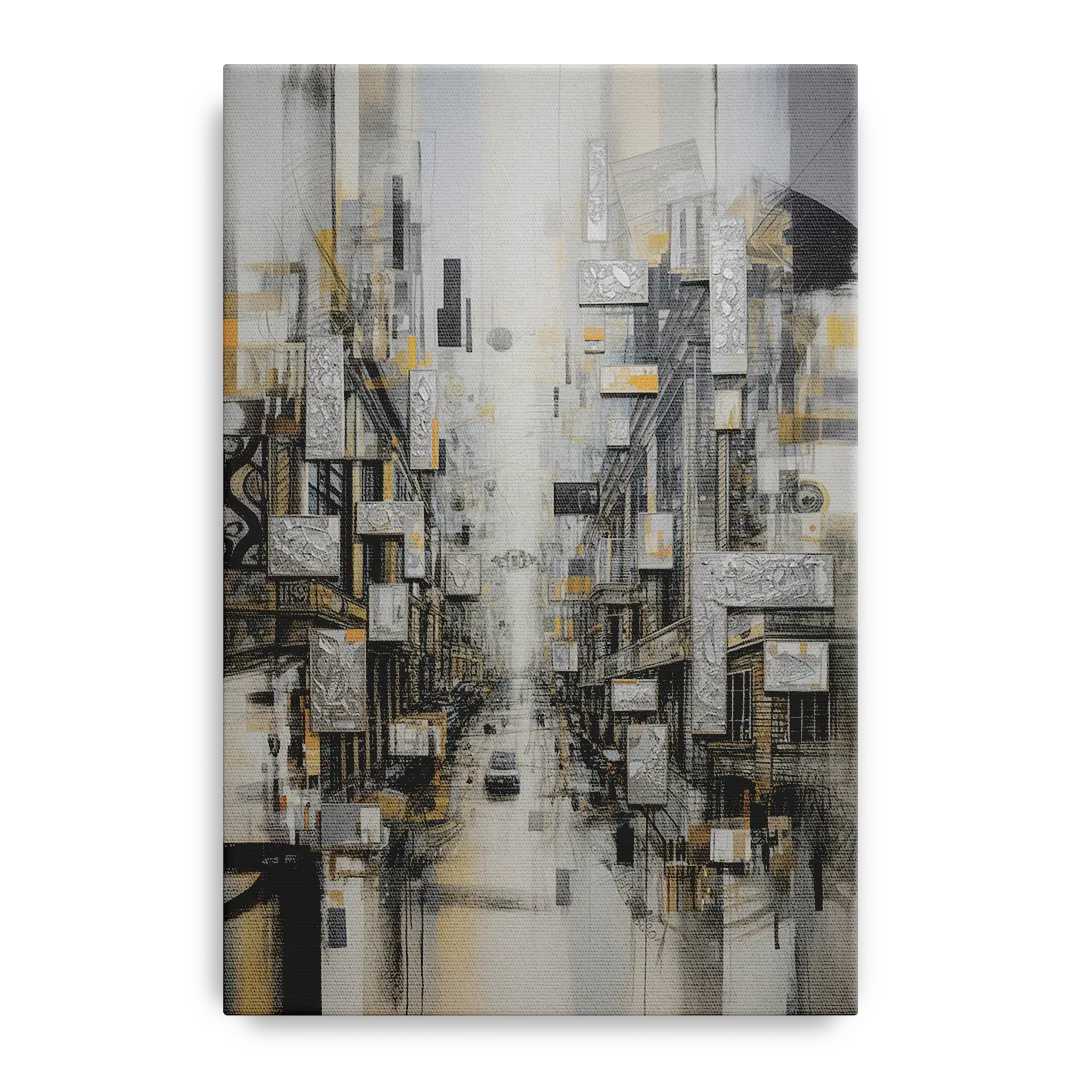 Sophisticated Cityscape Grey and Silver Abstract Front - Canvas Wall Art