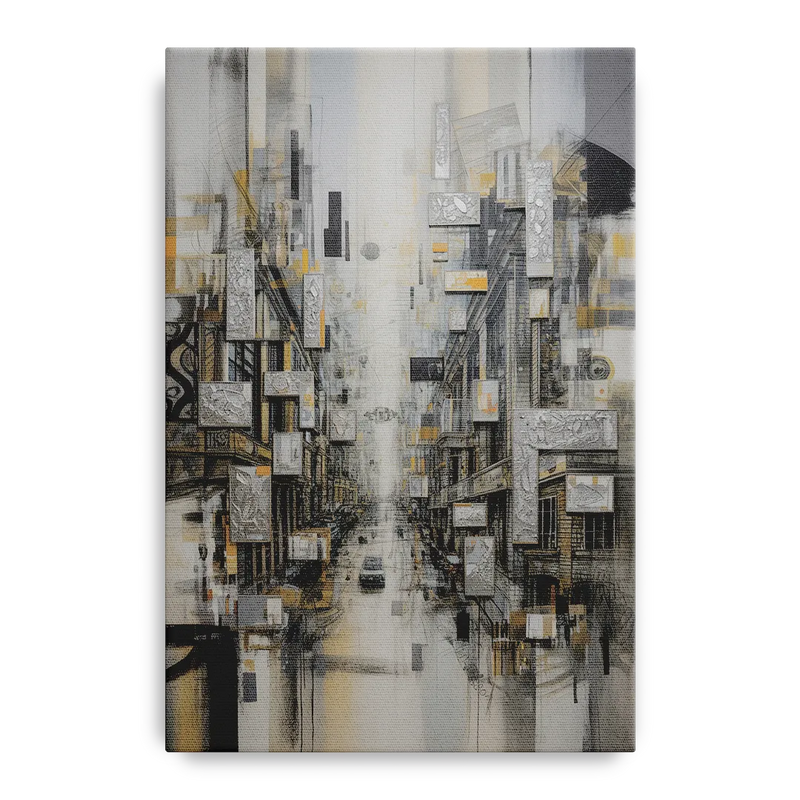 Sophisticated Cityscape Grey and Silver Abstract Front - Canvas Wall Art