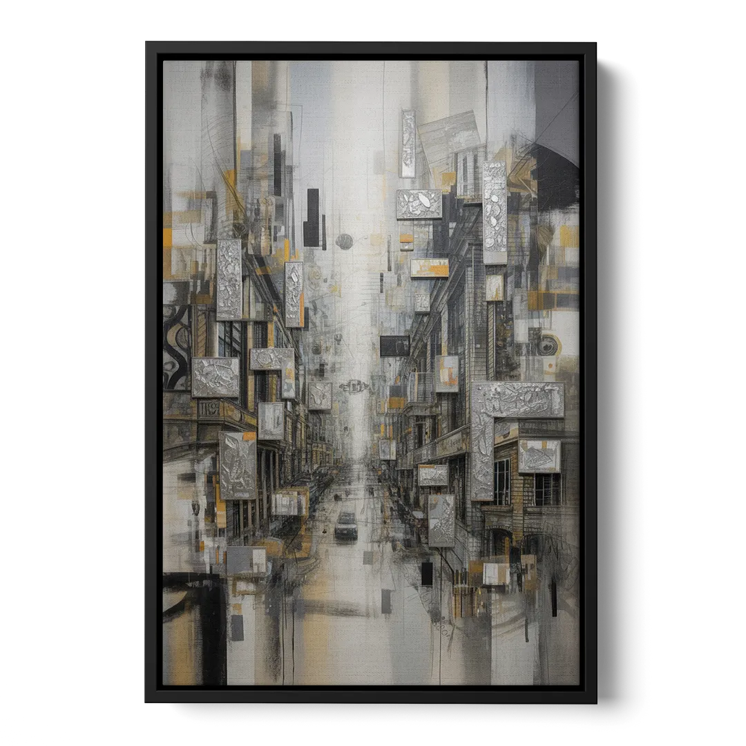 Sophisticated Cityscape Grey and Silver Abstract - Black Frame Canvas
