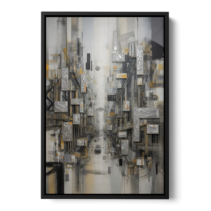 Sophisticated Cityscape Grey and Silver Abstract - Black Frame Canvas