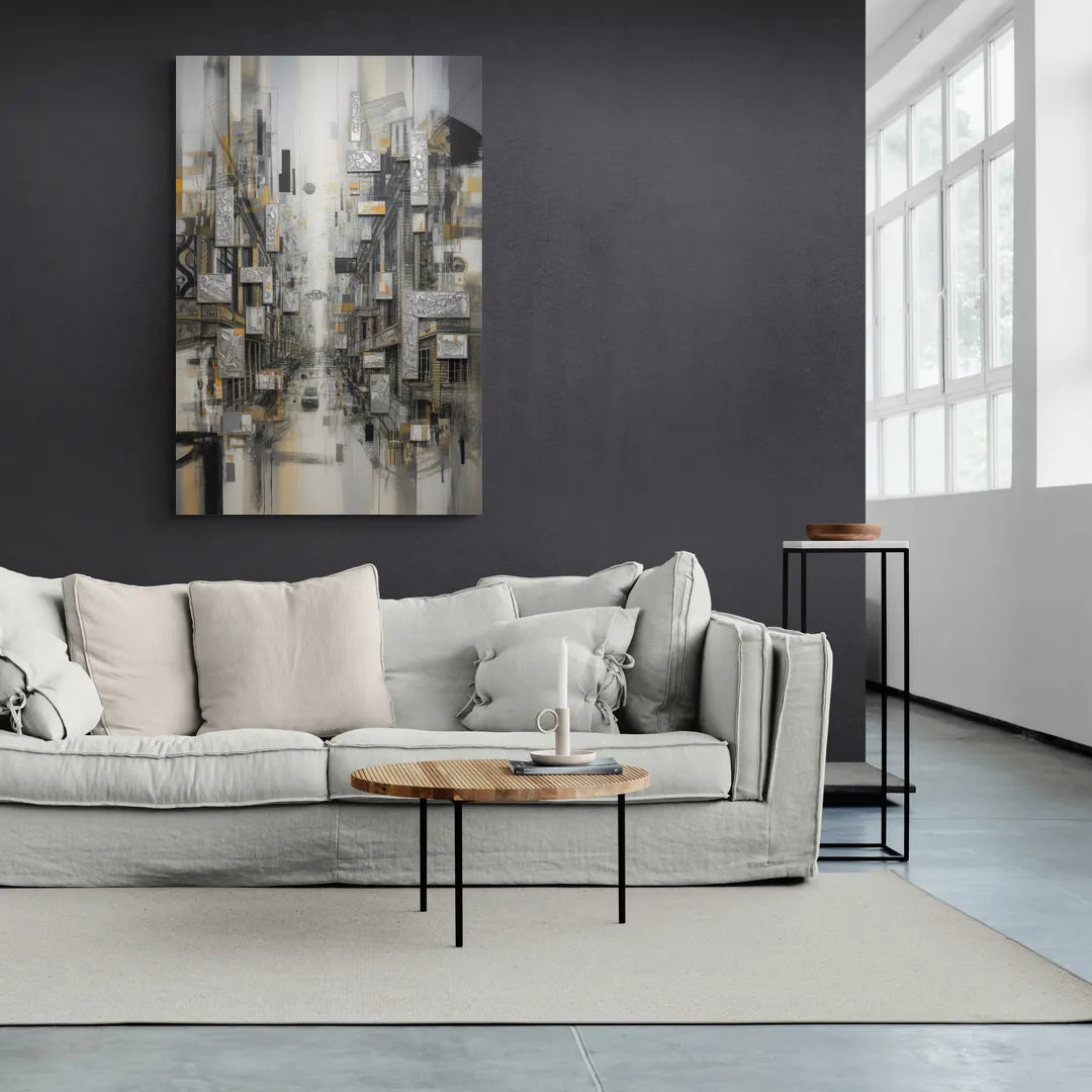 Sophisticated Cityscape Grey and Silver Abstract - Canvas Wall Art Living Room