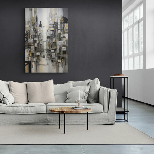 Sophisticated Cityscape Grey and Silver Abstract - Canvas Wall Art Living Room
